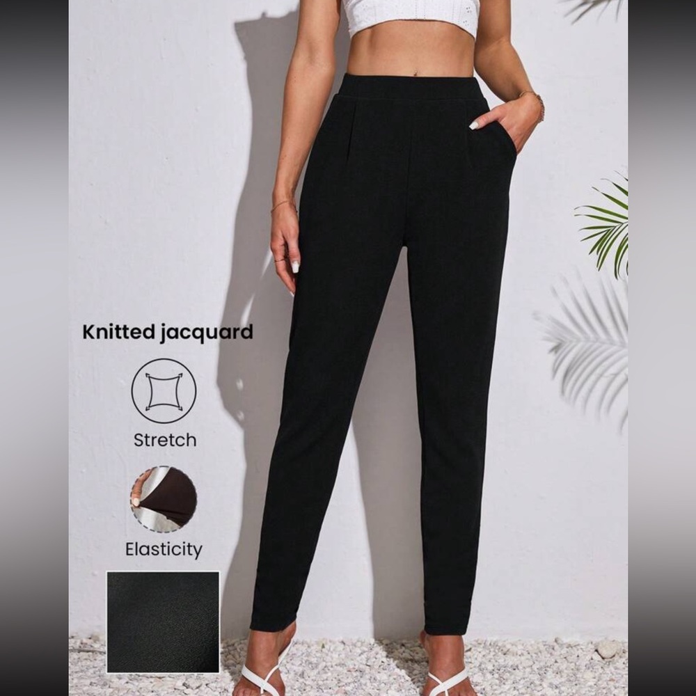 Elegant Black Knitted Jacquard Pants